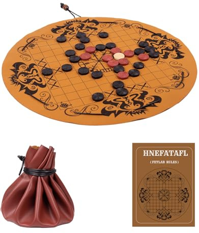 Hnefatafl - Set di scacchi vichinghi, gioco di strategia tradizionale per due giocatori, tappetino da gioco in pelle, design con coulisse, facile da riporre e da portare in viaggio