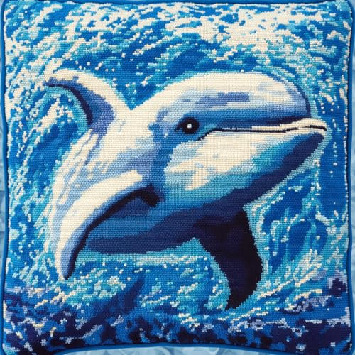 Taxpy Knüpfset Knüpfkissen Zum SelberKnüpfen Knüpfteppich Für Erwachsene Knüpfteppiche Cartoon-Delfin Latch Hook Kissen Kit Sofakissenbezug Handgechte Kreuzstich Kreativ Set 43x43cm