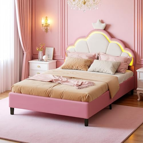 YGHQAP Polsterbett Kinderbett 90X200cm, Teenie Mädchenbett Mit Kopfteil in Kronenform Und Lattenrost, LED Gepolstertes Bettgestell in Hautfreundlichem Samtstoff, Gästebett, Ohne Matratze (Rosa)