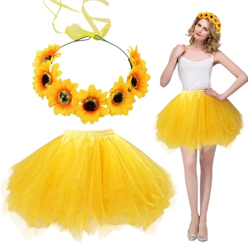 TUONYIS Set de 2 Costumes Tournesol, Jupe en Tulle Femme avec Bandeau Tournesol, Jupon Jupe Ballet Adulte Jupe Tutu Tutu Femme pour Halloween Rock Party Festival Celebration pour Femmes et Filles.