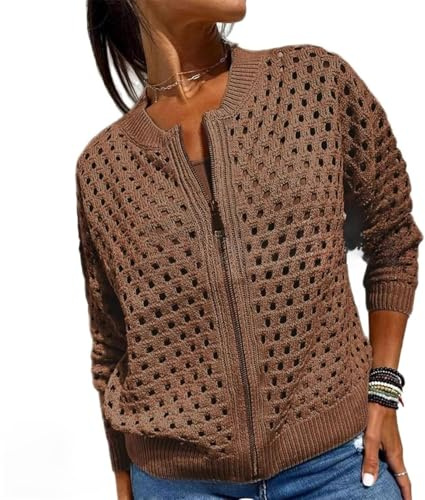Giacca casual da donna con cerniera, maglia a rete all'uncinetto, scialle lavorato a maglia, cardigan leggero lavorato a maglia., Marrone, 3XL