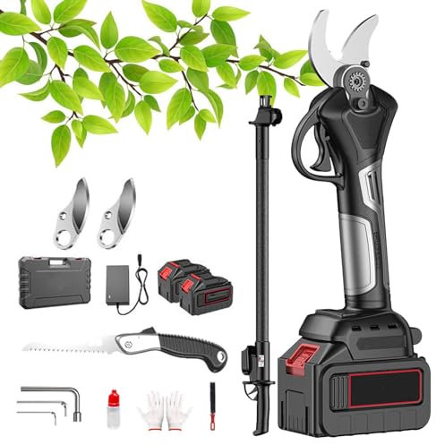 KIUYTQQ Tijeras de podar eléctricas inalámbricas Extensibles para árboles, diámetro de Corte Ajustable de 75 mm, con pértiga Extensible y 2 Tijeras de podar a batería.