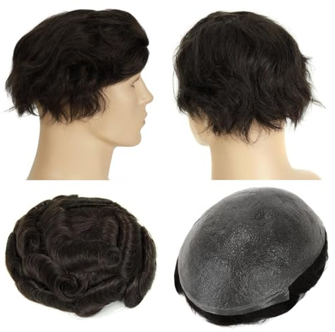 Topunique 0.03mm Ultra-Thin Skin Toupee for Men, V-Looped 8x10 Inch Size Remy Human Hair #1B Natural Black