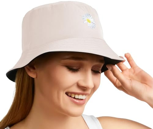 Innovess Bucket Hats Women – Reversible Cotton Daisy Summer Hats for Girls, Foldable Ladies Sun Hat for Travel, Outdoor, Beach, Hiking – Sun Hat for Women UK (Beige & Black)