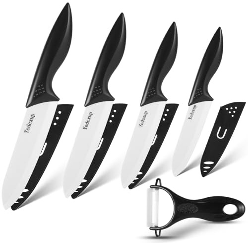 Yedcxup Couteau Ceramique Cuisine 5pcs - 6 Chef, 5 Utilitaire, 4 Fruits, 3 éplucher, Éplucheur pour Fruit, Coupantes Couteau en Céramique, avec étui de Protection en Requin