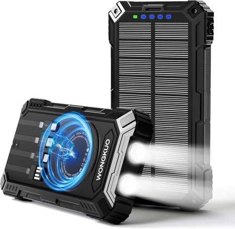 WONGKUO Solar Charger Power Bank - 49800mAh Solar Phone Charger with USB-C in/Output, QC 3.0 Fast Charging with LED Flashlight, Built-in 4 Cables, IP65 Waterproof Fits for Outdoor (Flash Black)