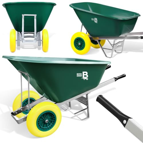 Equimed Garden Wheelbarrow - Large Trolley with 160L Plastic Bucket, Puncture-Proof PU Wheels, Galvanised Frame (Green/Yellow, Twin Wheel)