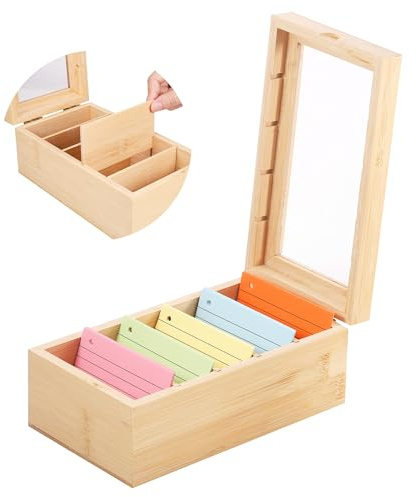 Huiguli Kortlåda i trä med genomskinligt lock, 5 avtagbara fack, 22 x 13 x 9 cm - Hållare för Flashcard och index, hemmakontor