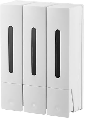 Dispenser di sapone da parete, 400 ml, dispenser di sapone a parete, senza foratura, 3 camere, dispenser di gel doccia, dispenser di sapone, dispenser manuale, adatto per shampoo, sapone liquido
