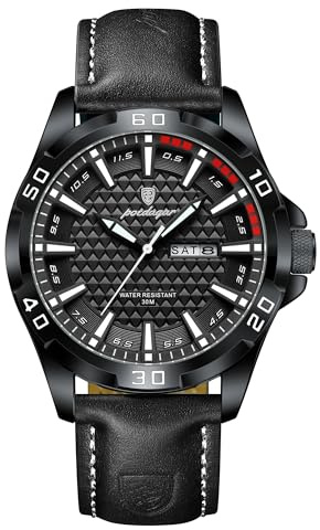 Poedagar Reloj de pulsera para hombre, de lujo, impermeable, luminoso, con fecha y semana, para negocios, esfera grande, cuarzo, deportivo, cuero, para hombre, Negro blanco, Classic