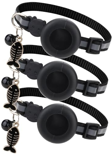Roucerlin Reflektierendes Katzenhalsband, verstellbar, mit Fisch-Anhänger, Glocke und Schienenhalter, leichte Haustier-Anhänger für Mädchen, Jungen, kleine Katzen, Kätzchen, Geschenke, Schwarz, 3