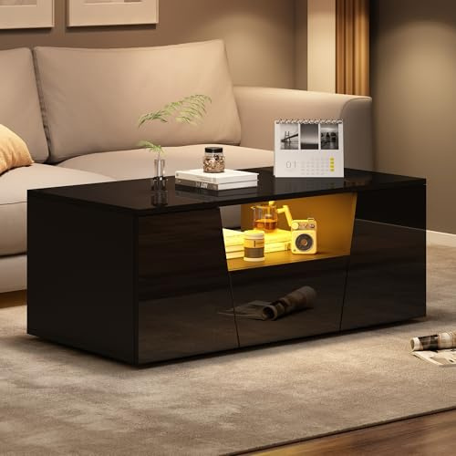 Merax Couchtisch Schwarz, Wohnzimmertisch Hochglanz mit LED Beleuchtung, Moderner Beistelltisch Kaffeetisch mit 2 schränke, Schubladen, Offenem Fächer, rechteckiger Mitteltisch, Sofatisch für Büro