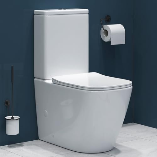 Contemporary Grace Close Coupled Toilet White Rimless Whirlwind Flush Pan with Dual Flush Cistern Quick Release Slim Soft Close Seat Square Shape Bathroom