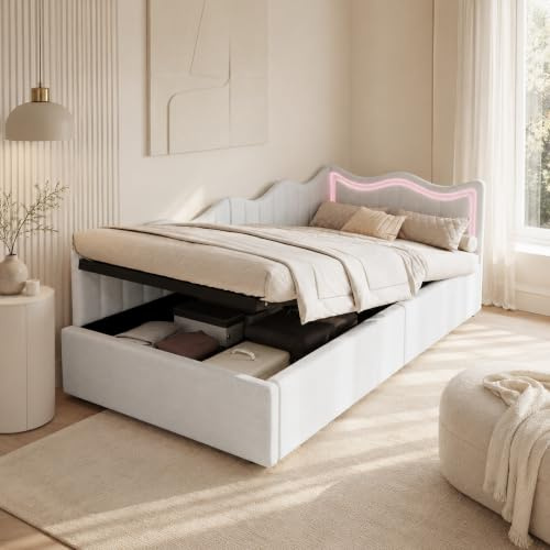 Poeahu Lit Coffre 90x200, Canapé Lit 1 Place avec Rangement et LED, Canapé Lits Simple Rembourré avec Tête de Lit, LiT Banquette avec Sommier à Lattes, Teddy, sans Matelas
