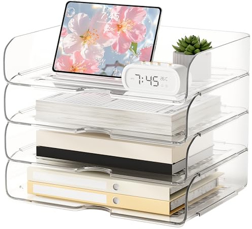 NUOGIC 4-Tier Large-Capacity Paper Organizer, Clear Stackable Desk Organizer & Acrylic Paper Tray, Transparent & Easy Access,Desk File Organizer for Home Office & School