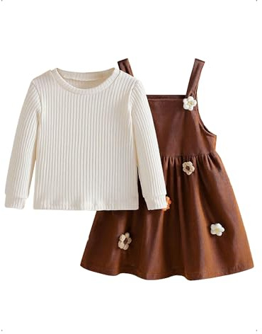 HEOXIN Conjunto Niña de Vestido, Conjunto de Faldas para Niñas, Tirantes Pana + Top Punto de Manga Larga con Cuello Redondo, Vestido de Ropa Niña con Adornos Florales, Marrón, 3-4 Años