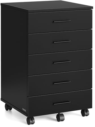 VASAGLE Skrivbordslåda med hjul, förvaringsskåp, skrivarstativ med 5 lådor, skjutskenor, för kontor, hemmakontor, kontor, svart bläck OFC081BC02