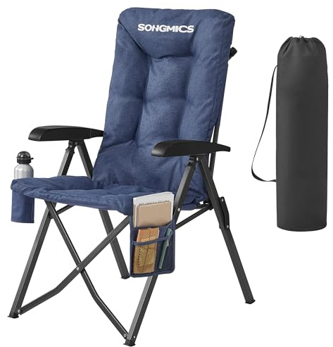 SONGMICS Campingstuhl faltbar, 95°-150° verstellbare Rückenlehne | Klappstuhl für Erwachsene, 6 cm Polsterung, Getränkehalter, Seitentasche, Tragetasche, blau, SANDY Kollektion GCB016QZ01