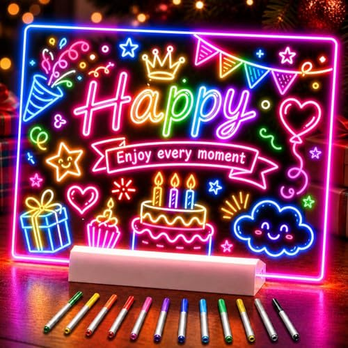 AQUPELW Wiederaufladbares LED Zeichenbrett und Notiztafel mit Farbmarkern | 30 x 20 cm, 12 farbige Stifte, 9 Lichtmodi, 2200 mAh Akku, abnehmbare Acrylplatte