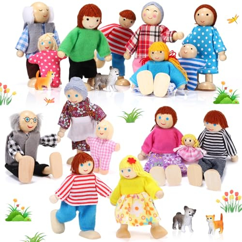Skylety Set di 16 mini personaggi in legno e 4 animali domestici, casa delle bambole in legno, per cosplay e famiglia, 20 pezzi (stile rustico)