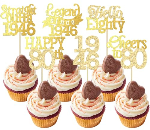 Gyufise 24Pcs Happy 80th Birthday Cupcake Toppers Hello Eighty Legend Since 1946 Cupcake Picks Cheers to 80 Years Cake Decorations for 80th Birthday Anniversary Party Supplies Gold