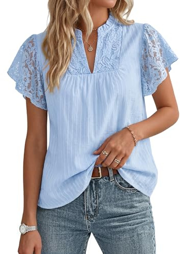 GRACE KARIN Women's Lace Cotton Elegant Top Henley V Neck Ruffled Sleeve Blouse Ladies Summer Casual Going Out Tops