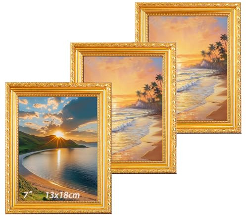 3er Set Bilderrahmen Gold, 13x18 CM, Leiste: 24x24MM, Vintage Rahmen mit Ständer und Wandaufhängung für Hoch und Querformat, Bilderrahmen mit bruchsicherem Acrylglas für Wand oder Tischaufsteller