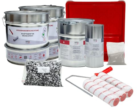 Baumax 2K Epoxidharz Set für bis zu 38 m² mit Top Coat Versiegelung | RAL 7012 – Basaltgrau, 17,1 KG | Epoxidharzboden für Garage, Keller | Rutschfest, Chemikalienbeständig | SwissTech