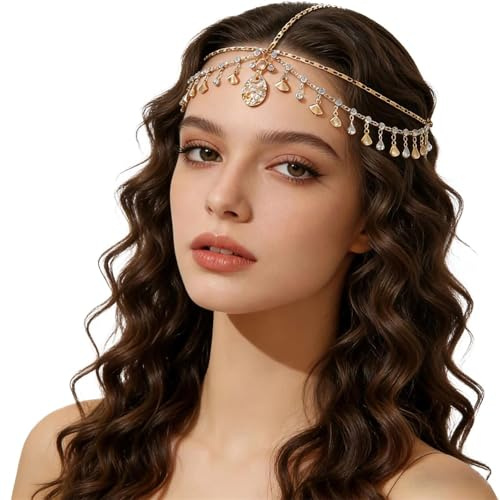 VOOSFSIE Catena di testa dorata, gioielleria egiziana, catena di testa bohemia, toccato gitano, diadema di travestimento per festival, accessorio capelli con borsa per donne e ragazze