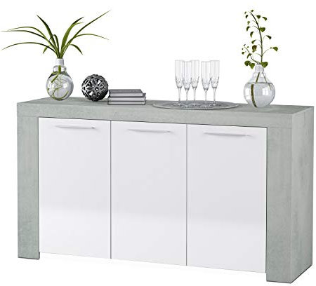 Habitdesign, Aparador, Buffet Moderno, Armario Auxiliar Comedor, Modelo Ambit, Color Blanco Artik y Gris Cemento, Medidas: 144 cm (Largo) x 42 cm (Fondo) x 80 cm (Alto)