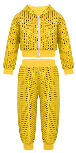 Agoky Conjunto de Danza Jazz Hiphop para Niñas con Lentejuelas Brillante Chaqueta Cremallera y Pantalones Brillante de Baile Moderno Disfraz de Baile Amarillo 10-12 años