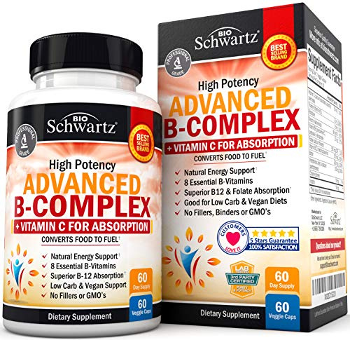 Vitamin B Complex with Vitamin C for Maximum Absorption - Methylcobalamin b12 & Folate Folic Acid Supplement - B1 B2 B3 B5 B6 B7 B9 for Immune Energy & Nervous System Support - Non-GMO, 60 count