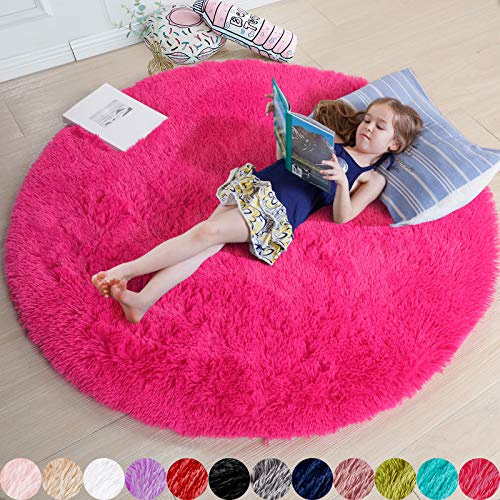 Amdrebio Rosa rund matta, 122 cm, mjuk, stor, fluffig, lurvig plyschmatta, för vardagsrum, flickrum, barnrum, barnkammare, studentrum, klassrum, tonåring, söt Barbie-matta