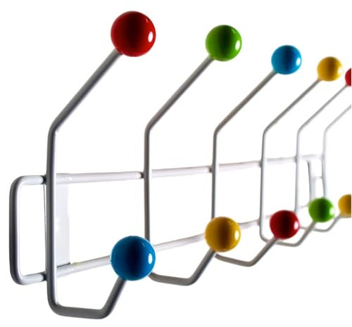DESIGN DELIGHTS GARDEROBENLEISTE Colour Ball | 50x15,5cm(LxH), Garderobe mit 12 Haken, Hakenleiste mit bunten Kugeln, farbenfrohe Wandgarderobe bunt | Farbe: Weiss-bunt