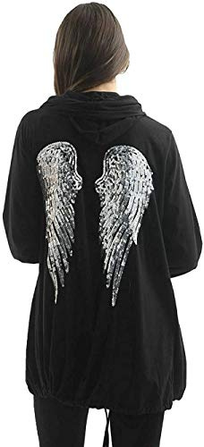 Candid Styles Womens Ladies Sequin Angel Wings Oversized Hoodie Sweatshirt Jacket Cardigan, 8-16, Black