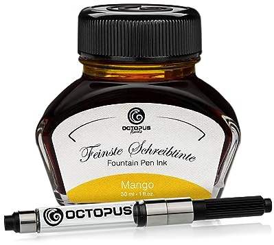 Octopus Fluids Füllhaltertinte Mango, mit Tinten-Konverter, 30 ml | Mit Tinten-Konverter für Füllhalter mit Standardpatronensystem, farbintensive Schreibtinte mit schönem Shading