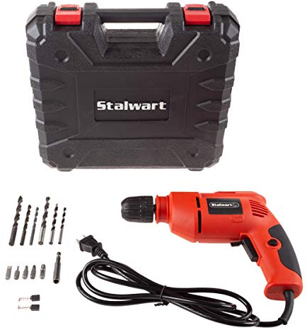 Electric Power Drill with 6-Foot Cord – Variable Speed, Reversable Wired Screwdriver with Bubble Level, Carrying Case and Accessories by Stalwart