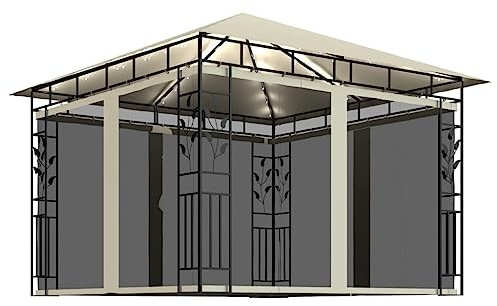vidaXL Tonnelle avec Moustiquaire et Lumières LED Belvédère de Jardin Pavillon d'Extérieur Tente de Réception Chapiteau Barbecue 3x3x2,73 m Crème