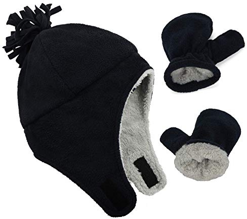 Durio Baby Mütze und Handschuhe Set Junge Wintermütze und Fäustlinge Warmes Gefütterte Fleece Mütze Kappen Ohrenklappe Kleinkind Kinder Mädchen