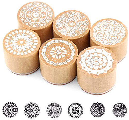 Basetousual 6 Stück Blumen-Gummistempel, rund, Holz, Gummi-Stempel aus Holz, Retro, für Stempel, DIY, Scrapbooking und Kartendekoration