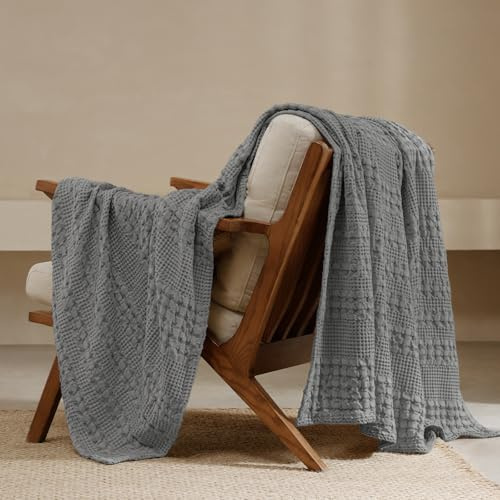 PHF 100% Cotton Waffle Weave Throw Blanket, Soft Lightweight Breathable Cozy Throws for Couch Bed Sofa, Luxury Aesthetic Christmas Blanket Gift for Home Decor & Office, 50x60, Dark Grey