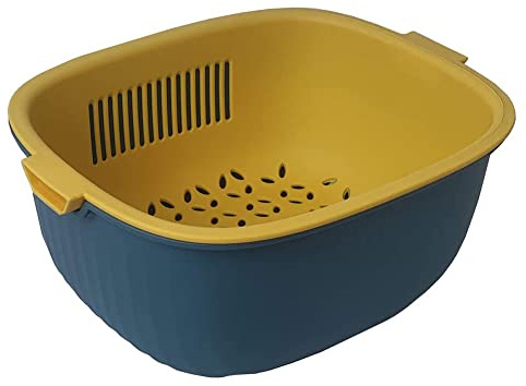 Youka Küchensieb-Abflusskorb, 2-in-1-Sieb-Schüssel-Set, PP-Kunststoff, BPA-frei, doppellagig, abnehmbar, zum Waschen von Gemüse und Obst (Rectangular, Blue)
