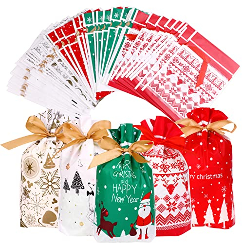 50 Stück Weihnachten Süßigkeiten - Tikplus Weihnachtstüten Geschenkbeutel mit kordelzug, Geschenktüte Geschenkverpackung Süße Taschen Mitgebsel Beutel Kekstüten für Kinder Verpacken (Rot, 15x23cm)