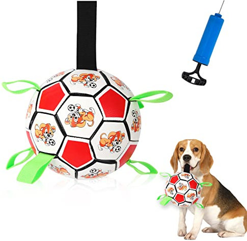 Interactive Football Toy With Straps for Tug Games and Water Play - Dog Balls for Small & Medium Dogs, Red
