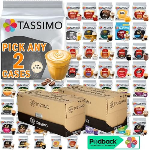 Tassimo Pods Coffee, Tea, Chocolate Pods. Pick Any 2 Cases (Each Case -5 Packs, Total 10 Packs) from 50+ Blends Including Hot Chocolate, Chai Latte, Cappuccino, Flat White and Many more.