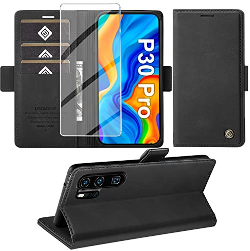 Giyer Handyhülle für Huawei P30 Pro Hülle mit Schutzfolie, Standfunktion Kartenfach Wallet Premium Leder Schutzhülle P30 Pro Flip Case Cover Stoßfeste Klapphülle für Huawei P30 Pro 6.47 Zoll (Schwarz)