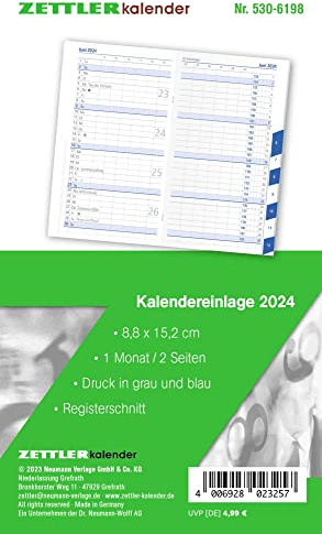 Inserto di ricambio per calendario 2024 – per agenda tascabile tipo 530 – 8,8 x 15,2 cm – 1 mese su 2 pagine – Registro – Quaderno separato – 530 – 6198