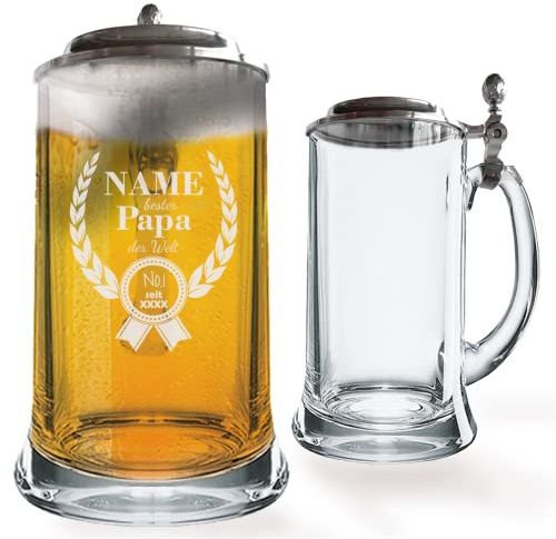 GRAVURMACHER® Bierkrug mit Zinndeckel und Gravur - Geburtstagsgeschenk zum Vatertag (Vatertag Motiv 14)