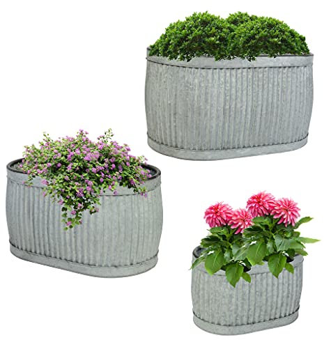 Dibor Set of 3 Galvanised Trough Dolly Tub Plant Pots Vintage Style Large Outdoor Garden Barrel Planters Gardening Gift (Oval Planters)