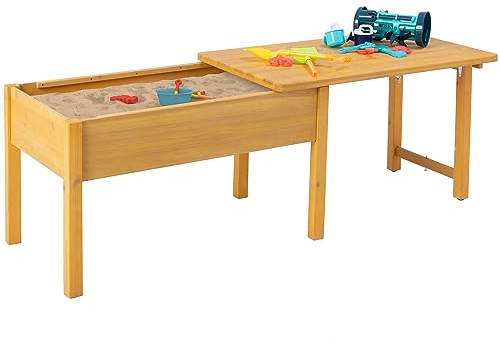 BIRASIL Wooden Kids Sensory Tables with Folding Lid, Activity Table for Children, Elevated Play Tables with Storage for Indoor Outdoor, Yellow